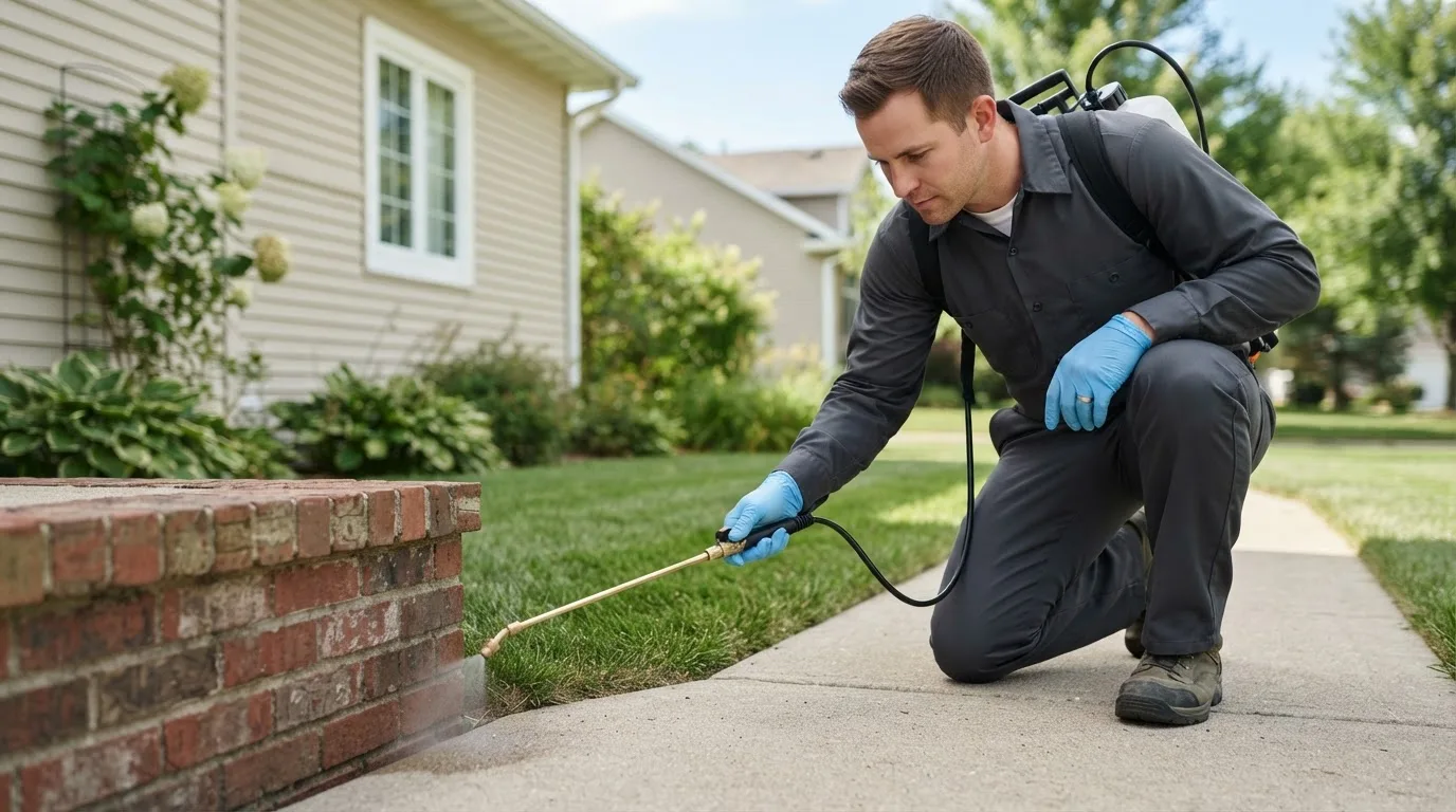 Pest control technician treating a home near Columbus, MI